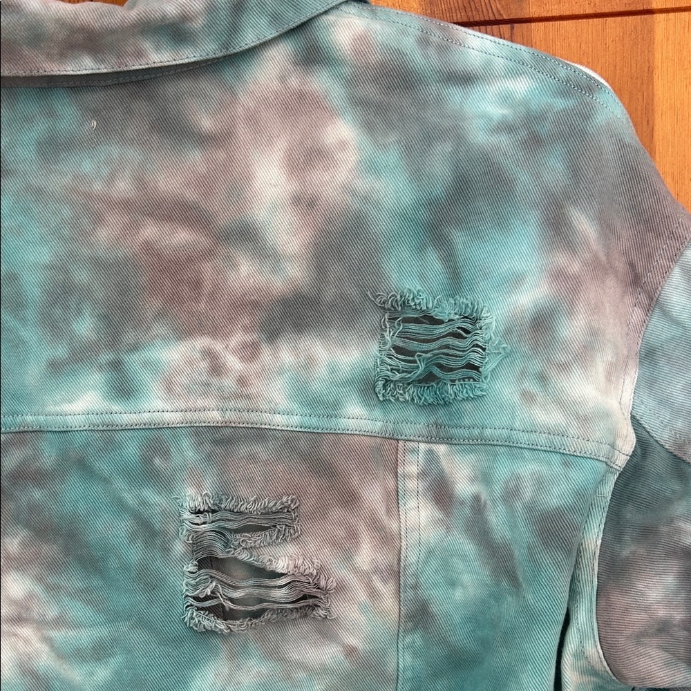 Oddy Teal Gray Tie‑Dye Distressed Denim Jacket Plus 2X/3X NWT - Picture 6 of 11
